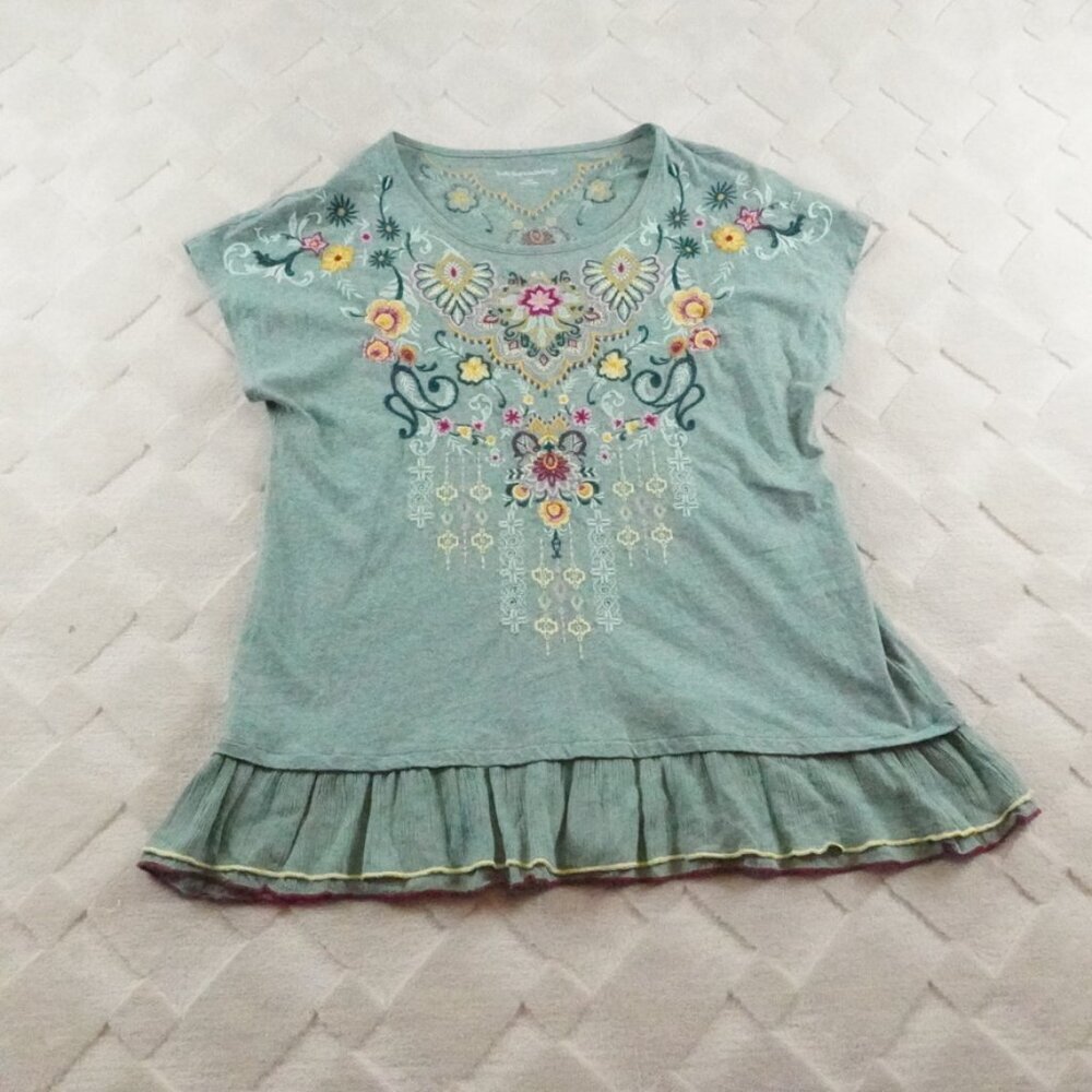 Embroidered Green Cotton Long Tunic Short Sleeve Top Sz L